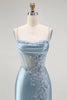 Load image into Gallery viewer, Sparkly Grey Blue Appliqued Mermaid Long Corset Prom Dress with Slit