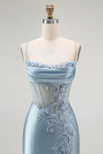 Sparkly Grey Blue Appliqued Mermaid Long Corset Prom Dress with Slit