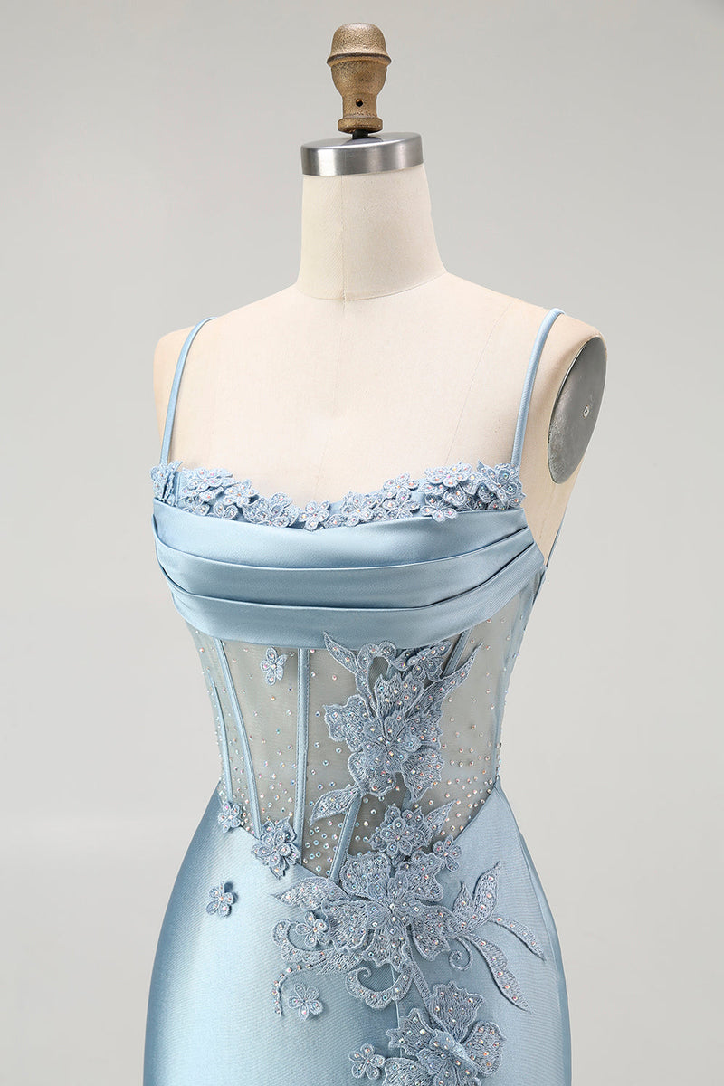 Load image into Gallery viewer, Sparkly Grey Blue Appliqued Mermaid Long Corset Prom Dress with Slit