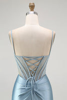 Load image into Gallery viewer, Sparkly Grey Blue Appliqued Mermaid Long Corset Prom Dress with Slit