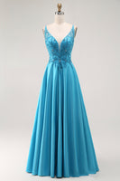 Load image into Gallery viewer, Sparkly Blue Satin A Line Long Prom Dress with Beading