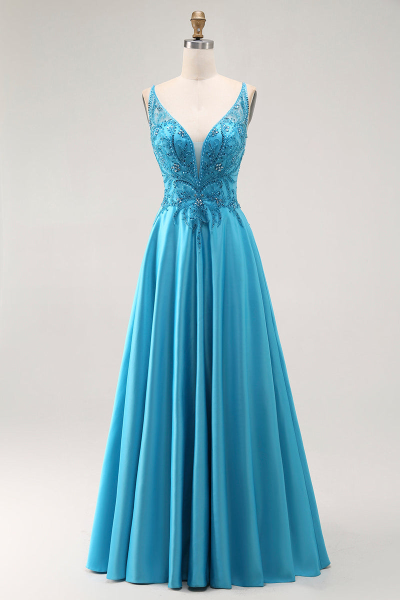 Load image into Gallery viewer, Sparkly Blue Satin A Line Long Prom Dress with Beading