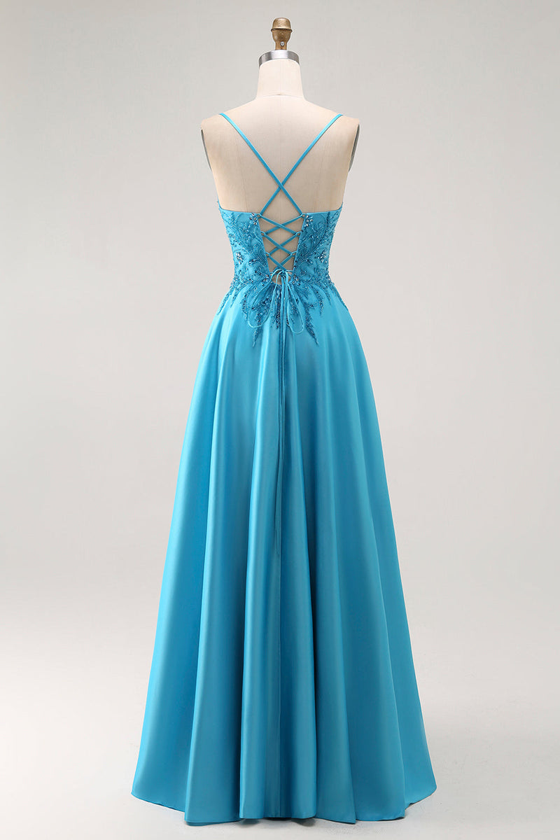 Load image into Gallery viewer, Sparkly Blue Satin A Line Long Prom Dress with Beading