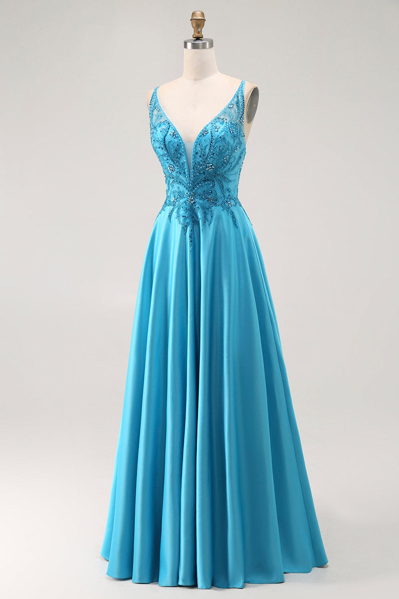 Load image into Gallery viewer, Sparkly Blue Satin A Line Long Prom Dress with Beading