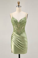 Load image into Gallery viewer, Sparkly Sage Green Tight Satin Short Corset Prom Dress with Sequins