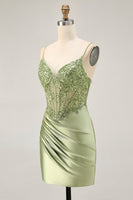 Load image into Gallery viewer, Sparkly Sage Green Tight Satin Short Corset Prom Dress with Sequins