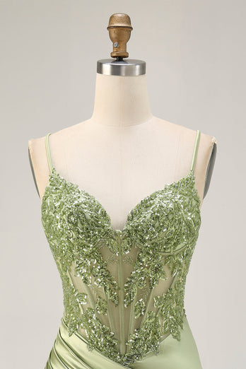 Sparkly Sage Green Tight Satin Short Corset Prom Dress with Sequins
