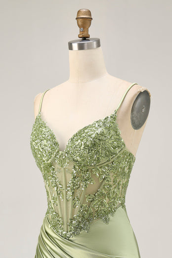 Sparkly Sage Green Tight Satin Short Corset Prom Dress with Sequins