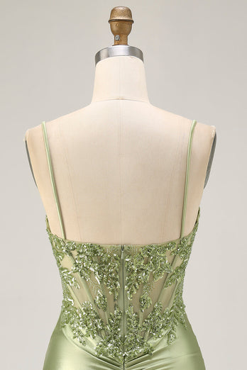 Sparkly Sage Green Tight Satin Short Corset Prom Dress with Sequins