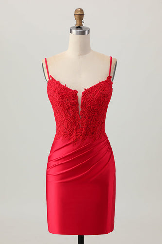 Red Satin Tight Short Corset Prom Dress with Lace