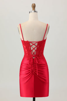 Red Satin Tight Short Corset Prom Dress with Lace