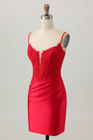 Load image into Gallery viewer, Red Satin Tight Short Corset Prom Dress with Lace