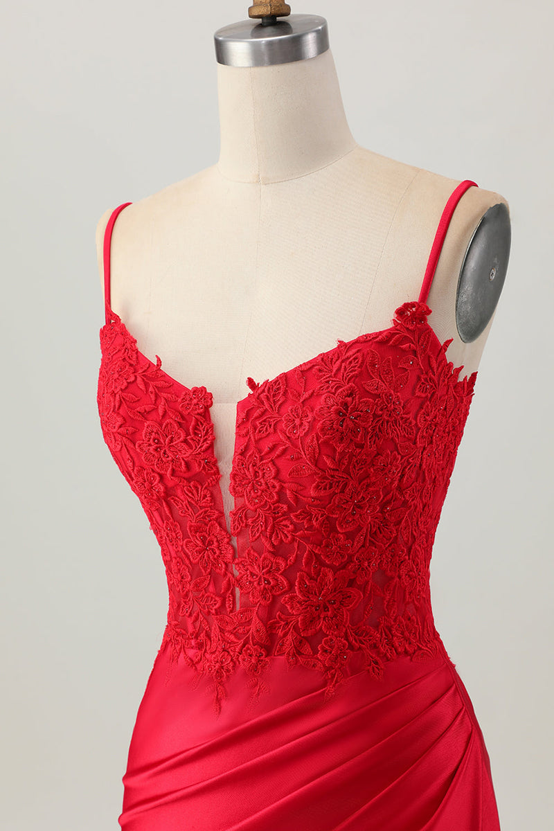Load image into Gallery viewer, Red Satin Tight Short Corset Prom Dress with Lace