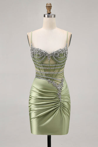 Sparkly Sage Green Tight Short Corset Prom Dress with Rhinestones
