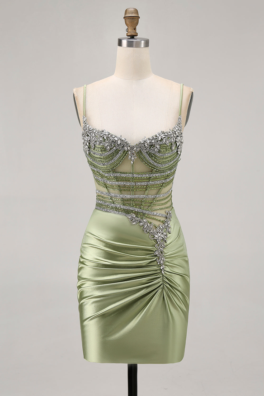 Sparkly Sage Green Tight Short Corset Prom Dress with Rhinestones