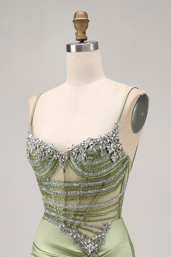 Sparkly Sage Green Tight Short Corset Prom Dress with Rhinestones