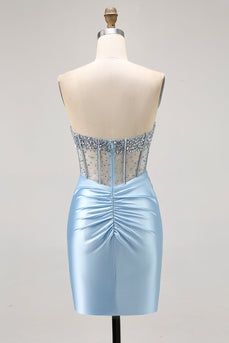 Sparkly Light Blue Short Tight Corset Prom Dress with Rhinestones