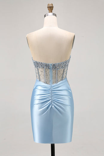Sparkly Light Blue Short Tight Corset Prom Dress with Rhinestones