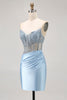 Load image into Gallery viewer, Sparkly Light Blue Short Tight Corset Prom Dress with Rhinestones