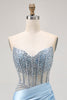 Load image into Gallery viewer, Sparkly Light Blue Short Tight Corset Prom Dress with Rhinestones