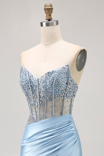 Sparkly Light Blue Short Tight Corset Prom Dress with Rhinestones