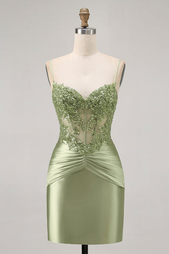 Sparkly Green Corset Tight Satin Short Prom Dress with Beading