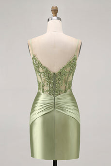 Sparkly Green Corset Tight Satin Short Prom Dress with Beading