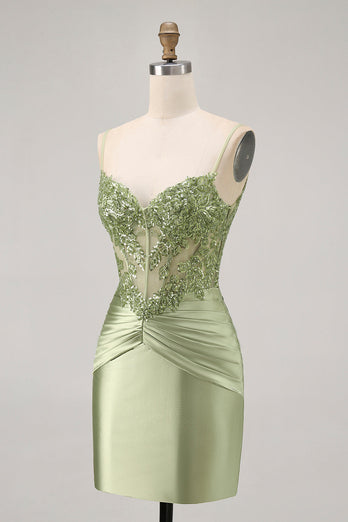 Sparkly Green Corset Tight Satin Short Prom Dress with Beading