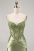 Load image into Gallery viewer, Sparkly Green Corset Tight Satin Short Prom Dress with Beading