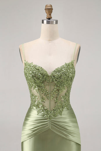 Sparkly Green Corset Tight Satin Short Prom Dress with Beading