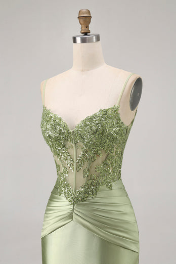 Sparkly Green Corset Tight Satin Short Prom Dress with Beading