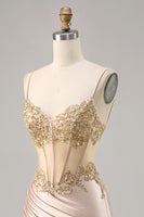 Load image into Gallery viewer, Sparkly Champagne Corset Tight Short Prom Dress with Lace