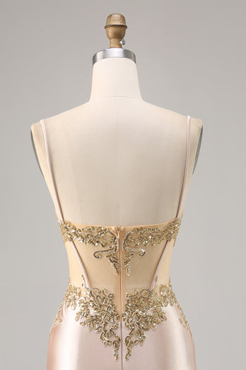 Sparkly Champagne Corset Tight Short Prom Dress with Lace