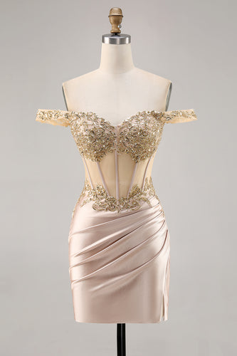 Sparkly Champagne Satin Corset Short Prom Dress with Lace
