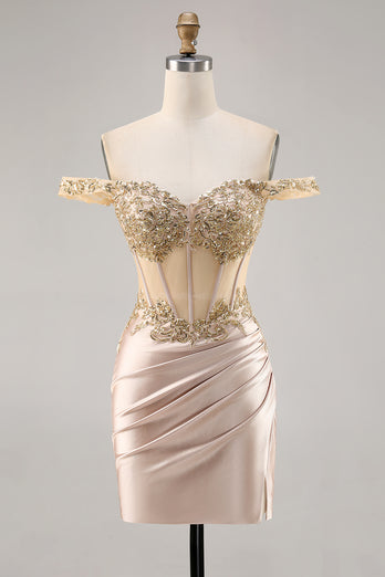 Sparkly Champagne Satin Corset Short Prom Dress with Lace