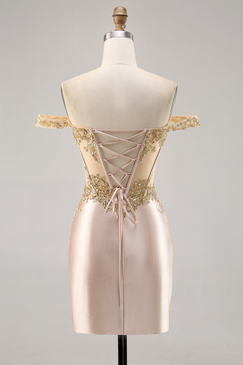 Sparkly Champagne Satin Corset Short Prom Dress with Lace
