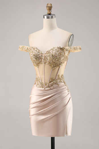 Sparkly Champagne Satin Corset Short Prom Dress with Lace
