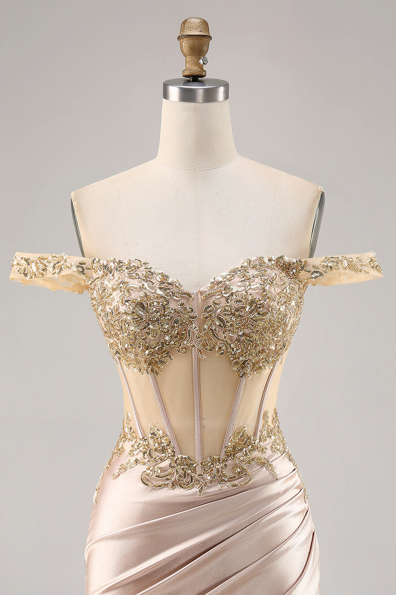 Load image into Gallery viewer, Sparkly Champagne Satin Corset Short Prom Dress with Lace