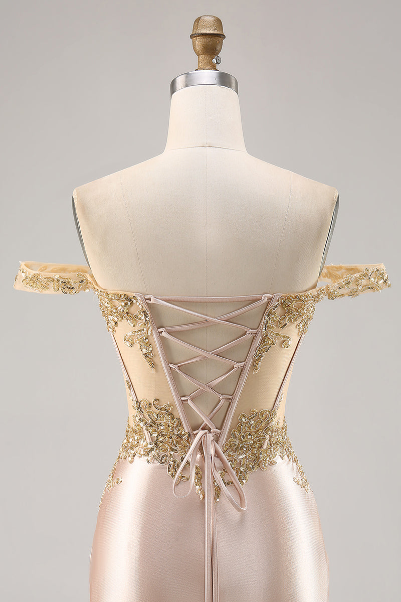 Load image into Gallery viewer, Sparkly Champagne Satin Corset Short Prom Dress with Lace