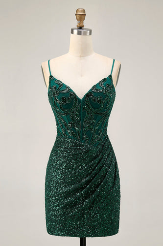 Sparkly Dark Green Corset Sequins V-Neck Short Prom Dress