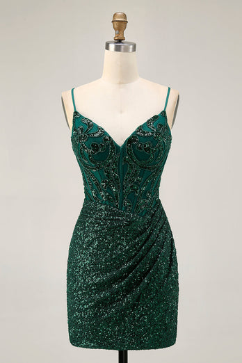 Sparkly Dark Green Corset Sequins V-Neck Short Prom Dress