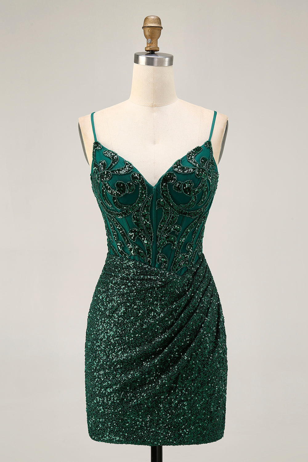 Sparkly Dark Green Corset Sequins V-Neck Short Prom Dress
