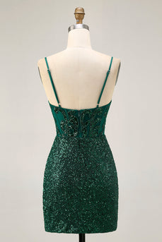 Sparkly Dark Green Corset Sequins V-Neck Short Prom Dress