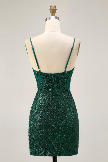 Sparkly Dark Green Corset Sequins V-Neck Short Prom Dress
