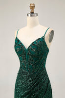 Load image into Gallery viewer, Sparkly Dark Green Corset Sequins V-Neck Short Prom Dress