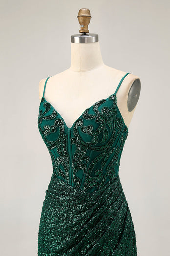 Sparkly Dark Green Corset Sequins V-Neck Short Prom Dress