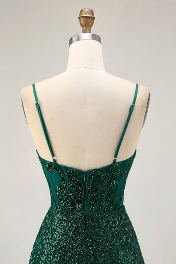 Sparkly Dark Green Corset Sequins V-Neck Short Prom Dress