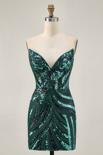 Sparkly Dark Green Strapless Tight Short Beaded Prom Dress