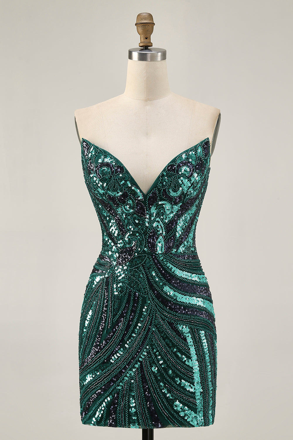 Sparkly Dark Green Strapless Tight Short Beaded Prom Dress