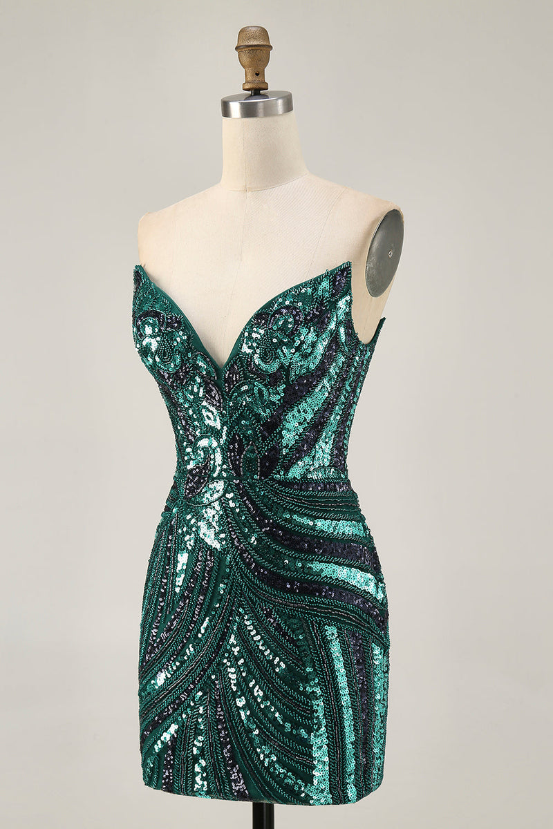 Load image into Gallery viewer, Sparkly Purple Beaded Tight Strapless Short Prom Dress